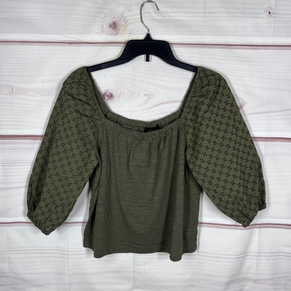 Sanctuary Crop Blouse Womens Small Green Solid Eyelet Puff Sleeve Knit Top Boho